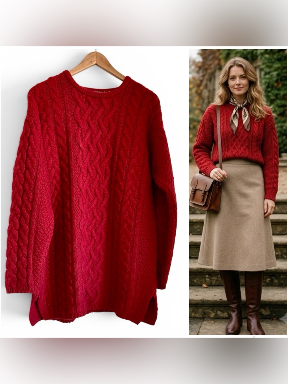 Aran Crafts Cable Knit Fisherman Sweater Long Tunic Merino Wool Cashmere Small